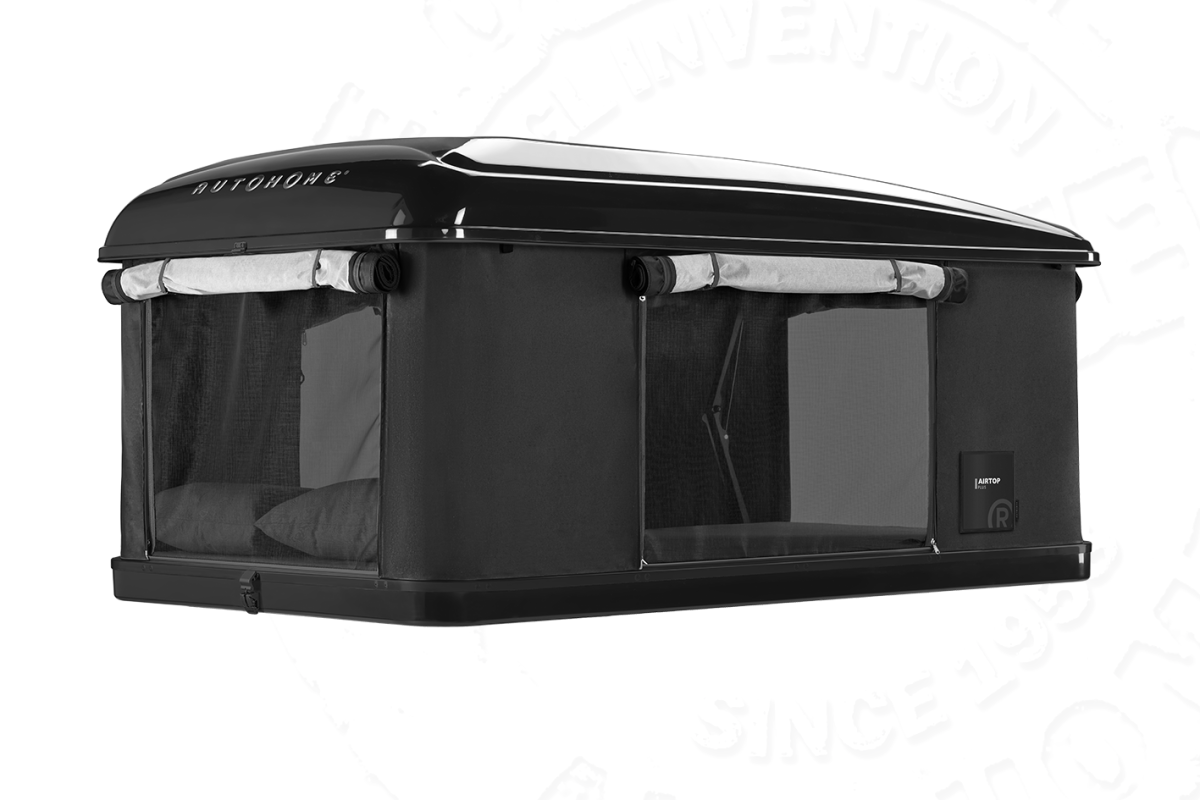 Autohome Airtop plus, a better roof top tent than James Baroud, blacked out black fiberglass with Airtex fabric. 3/4 view. Roll up doors and light weight under 60kg. Overlanders Australia