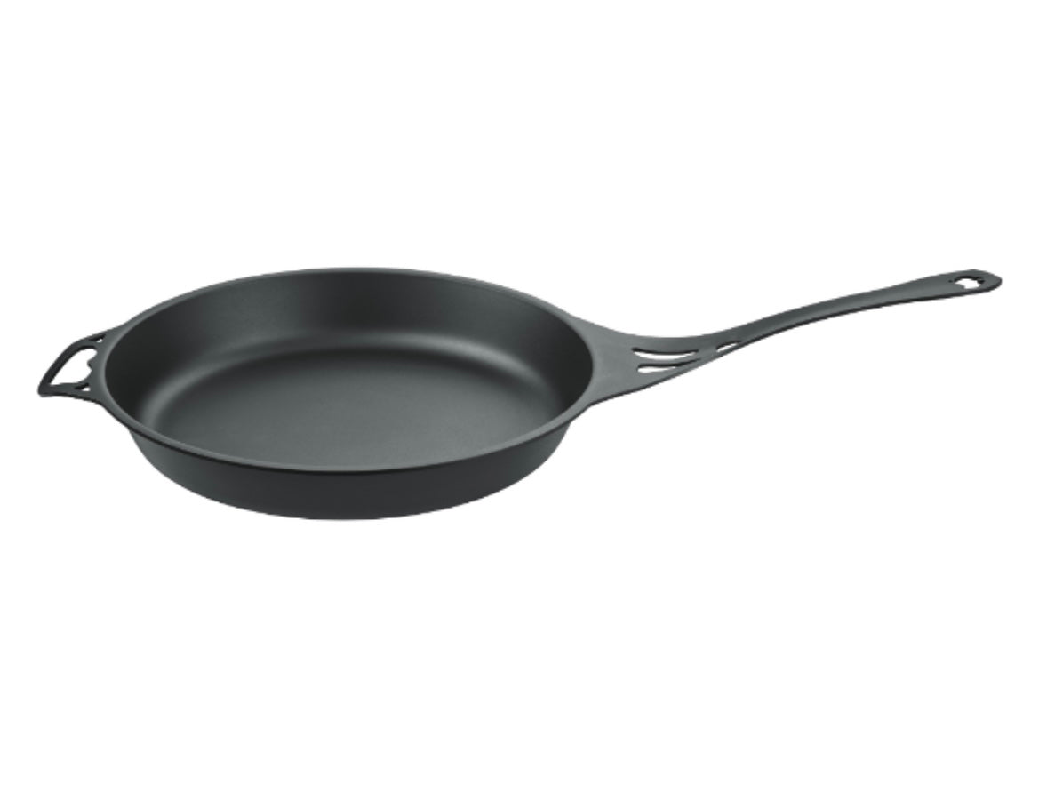 Solid teknics ausiron solidteknics quenched 30cm skillet frying pan, view from the side , free shipping in Australia, Overland over the fire cooking genius