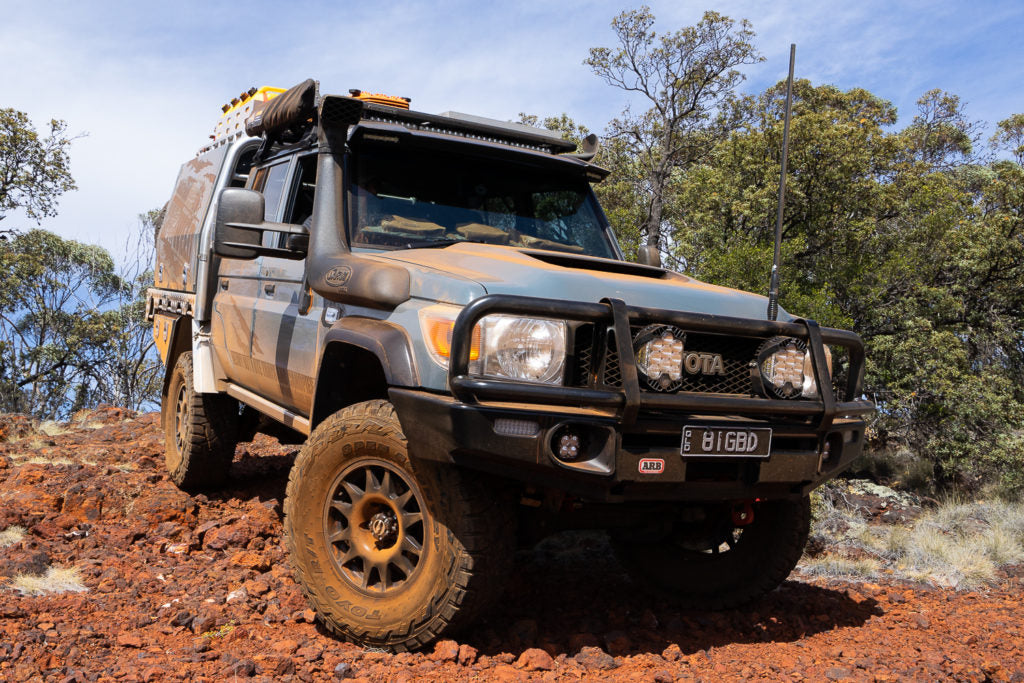 front quarter view of norweld 79 of evo corse dakar zero and super zero on toyota 70 series, 76 Wagon, 78 Troopy and 79 Dual Cab, strongest 4wd and 4x4 touring and overlanding off-road alloy wheel rims