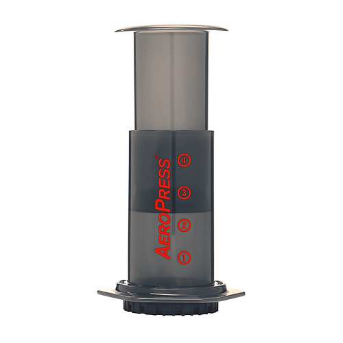 Aeropress coffee maker, front view. A camp coffee equipment main stay, for coffee on the go. Use fresh ground coffee for best results. Enjoy coffee at camp, next to the fire.