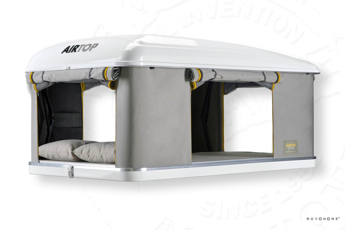Airtop Plus, gray, Roof top tent, 3/4 view. Best hard shell roof top tent in Australia. Pop-up this 30 second tent. Highest quality rooftop tent, world number 1. Autohome. Light weight fiberglass, best ladder; camp on a comfortable mattress.