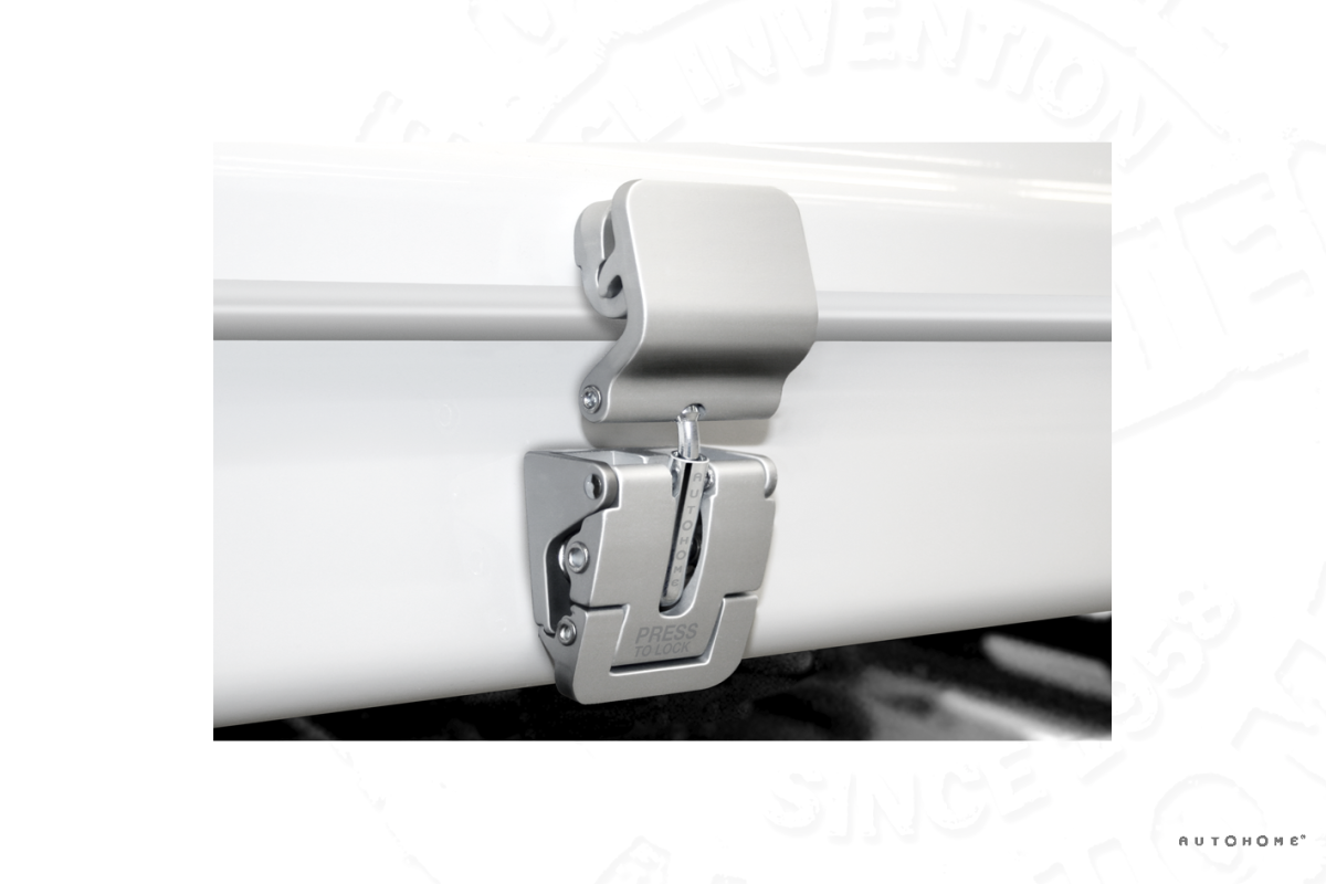 Hard Shell Roof Top Tent Closures by Autohome, for carbon fiber and fiberglass, newer style, axo view.