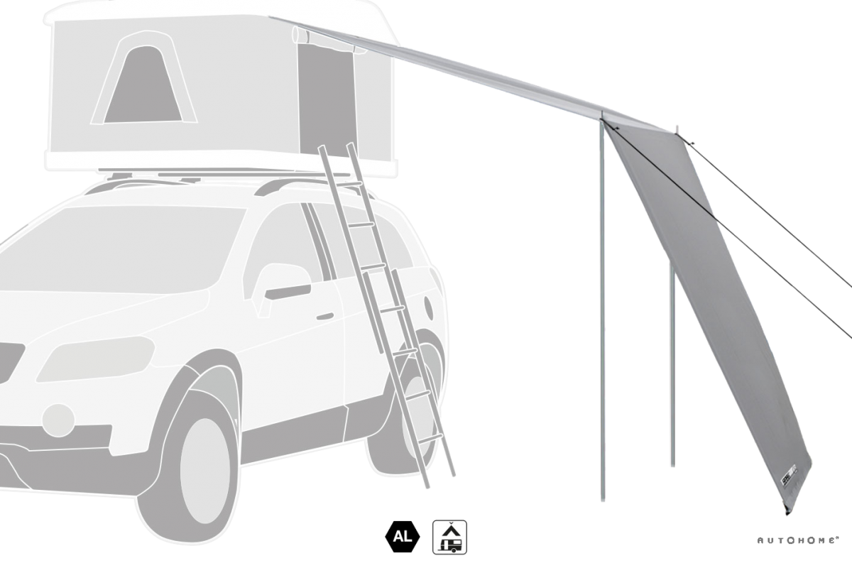 roof top tent awning for the maggiolina or airtop. like an annex but simpler. with two poles. covers the entry to the hard shell roof top tent on your rooftop