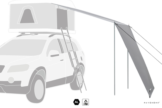 roof top tent awning for the maggiolina or airtop. like an annex but simpler. with two poles. covers the entry to the hard shell roof top tent on your rooftop