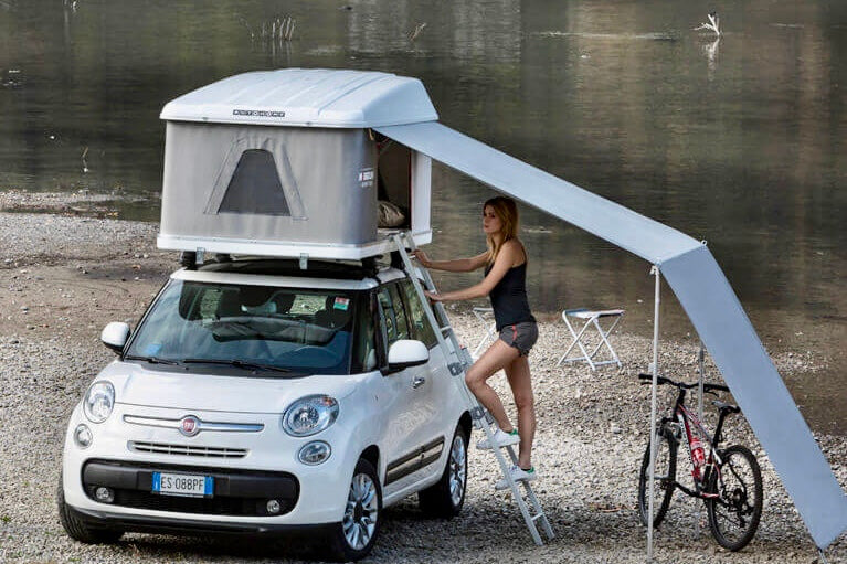 roof top tent awning for the maggiolina or airtop, front view. with two poles. covers the entry to the hard shell roof top tent on your rooftop