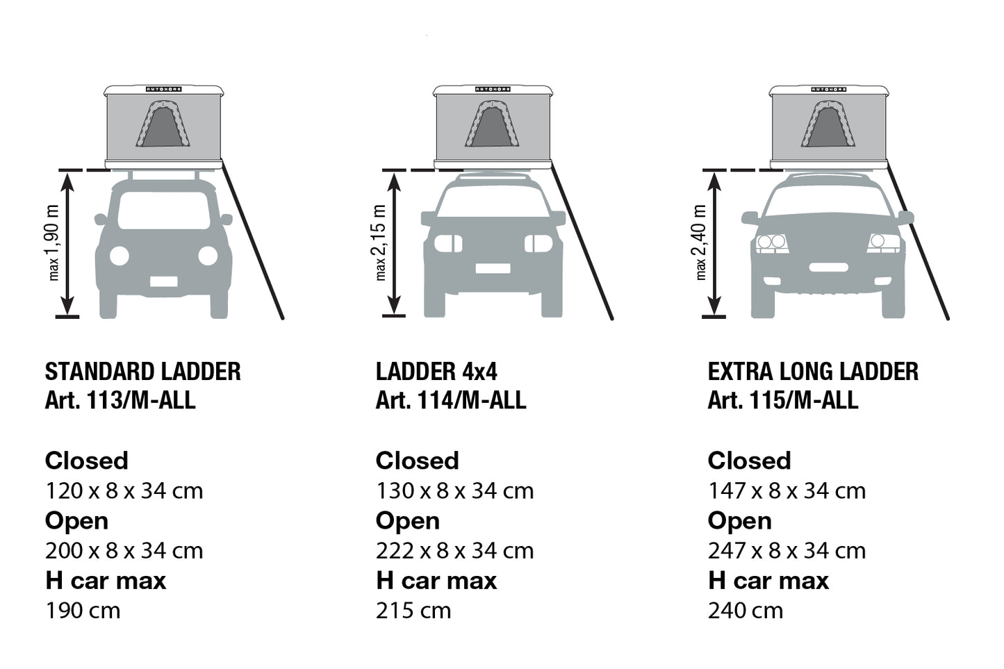 Autohome ladder different lengths standard vs extra-long vs 4x4 ; the best roof top tent ladder in the world, FWD roof rack ladder, lightest rooftop tent ladder, light and strong, two-part ladder vs telescopic. Two-part ladder better than telescopic. Comfortable ladder rungs with rounded edges. Strong, lightweight ladder, easy to use.