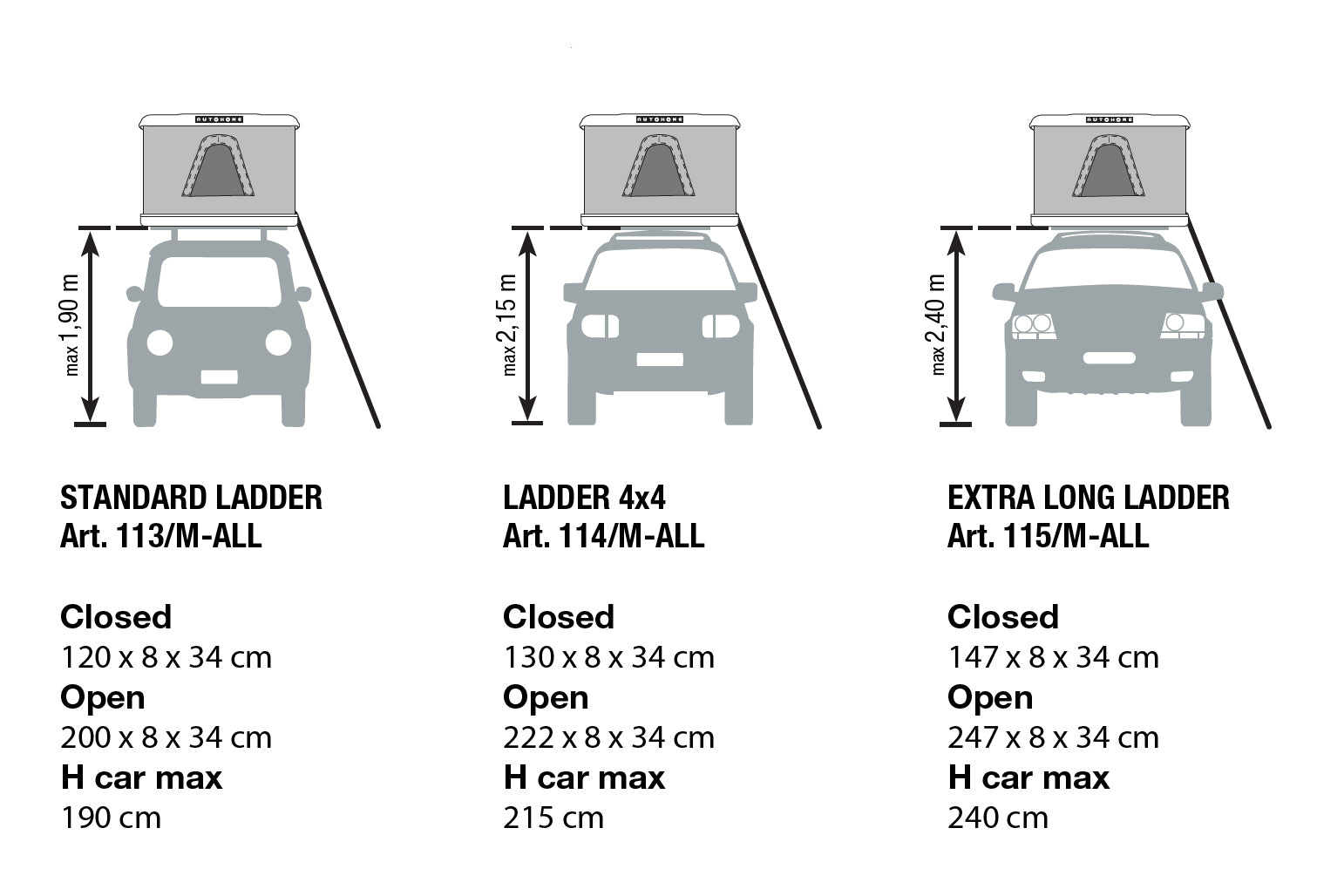 Autohome ladder different lengths standard vs extra-long vs 4x4 ; the best roof top tent ladder in the world, FWD roof rack ladder, lightest rooftop tent ladder, light and strong, two-part ladder vs telescopic. Two-part ladder better than telescopic. Comfortable ladder rungs with rounded edges. Strong, lightweight ladder, easy to use.