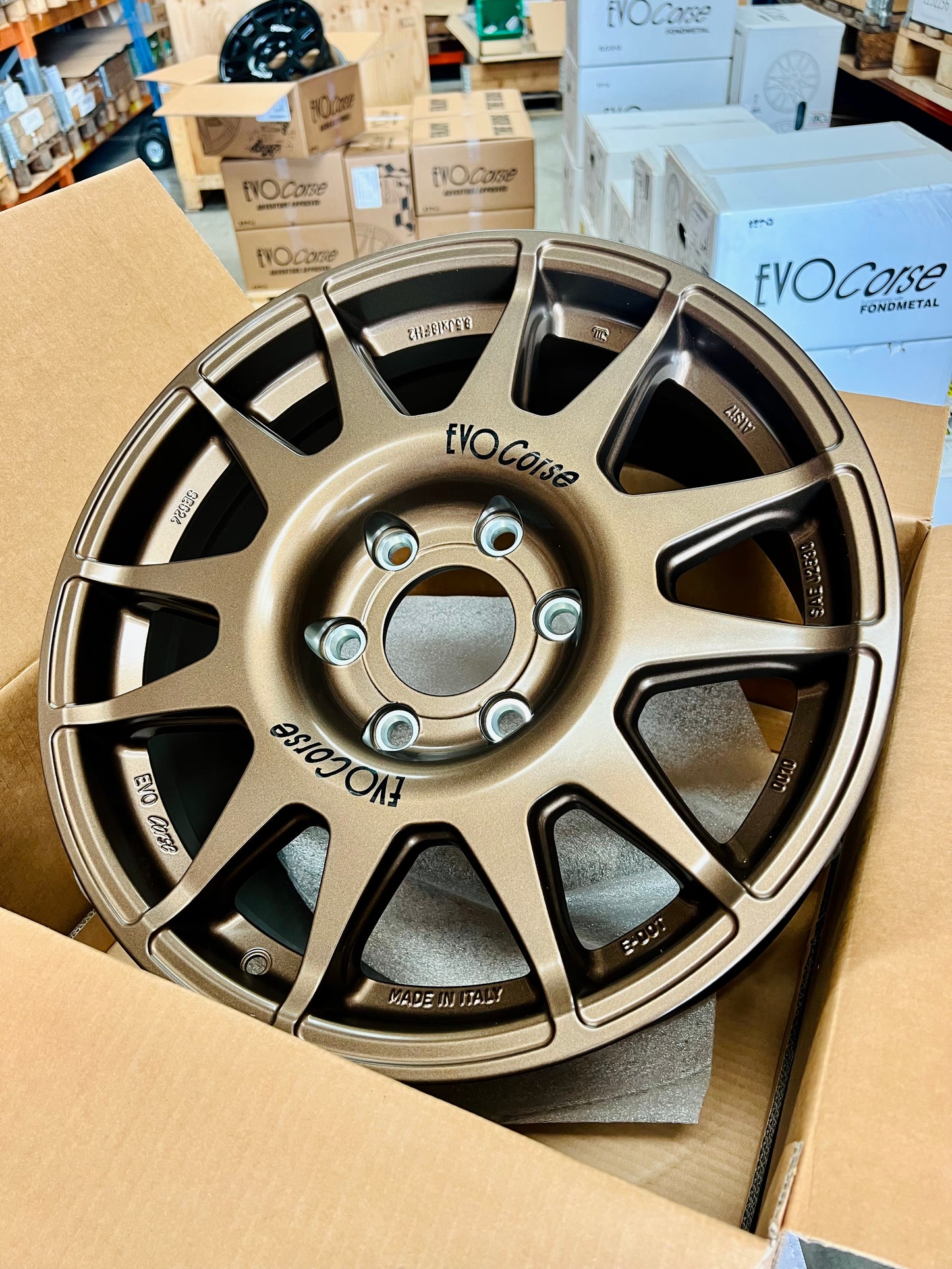 Ineos grenadier alloy wheel the offset that comes to the edge of the guard. Rally 18 x 8.5 with a positive 45 offset. Also, for land cruiser 300 series, with a 47 offset. Best wheel for all terrain tyres. Like BFGoodrich of Falken 275 65 r18. High strength for GVM upgrade. Evo Corse, made in Italy. Pictured here in box from Overlanders, Matt bronze colour.