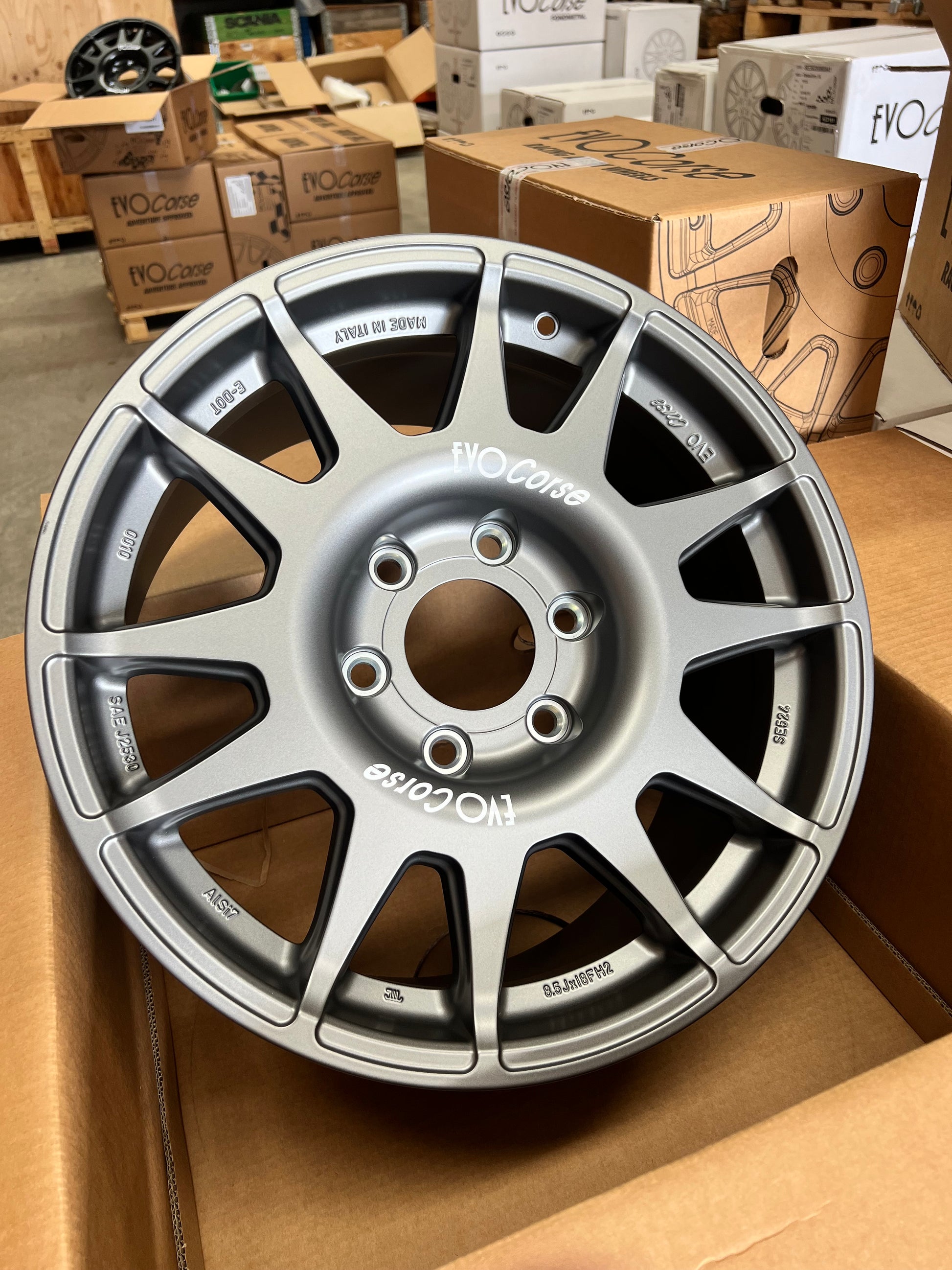 Ineos grenadier or J300 alloy wheel the offset that comes to the edge of the guard. Rally 18 x 8.5 with a positive 45 offset. Also, for land cruiser 300 series, with a 47 offset. Best wheel for all terrain tyres. Like BFGoodrich of Falken 275 65 r18. High strength for GVM upgrade. Evo Corse, made in Italy. Pictured here in box from Overlanders, Matt anthracite colour.
