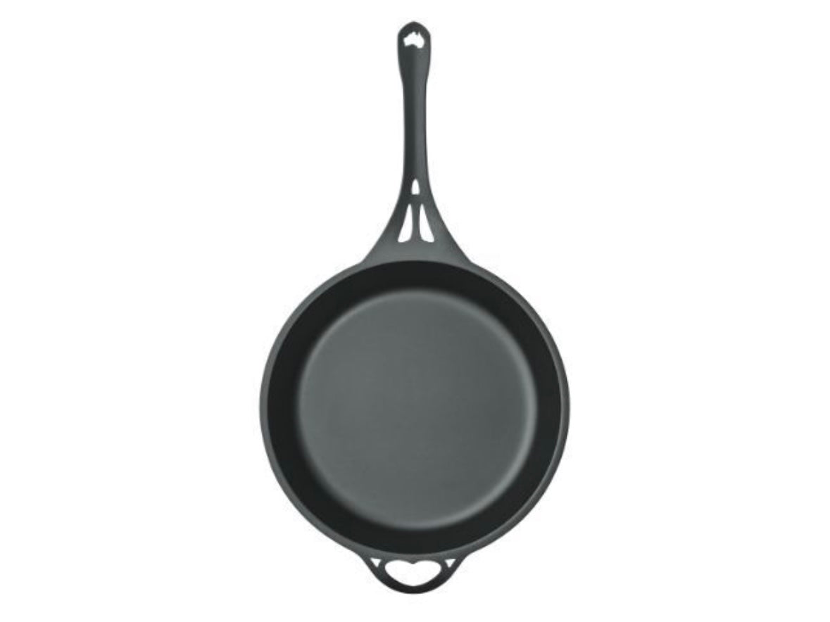 Solid teknics ausiron solidteknics quenched 30cm skillet frying pan, view from the top, free shipping in Australia, Overland over the fire cooking genius 