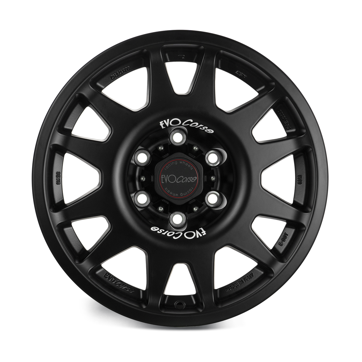 Evo Corse Dakar Zero 18 x 7 ET40 Toyota Land Cruiser 300 LC300 and LC250 250 Prado rally-raid alloy wheel, evo corse australia made in italy, better than method race wheels, for sand touring towing gvm upgrades . the strong light rally raid wheel with 40 perfect offset for clearing control arms and bigger tyres, Matt black front view  