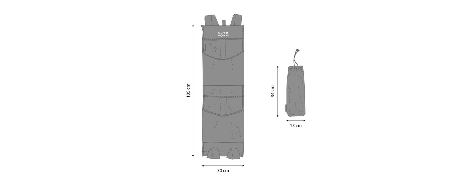 roll-up roof top tent shoe bag and pockets for autohome light weight hard shell roof top tent. would suit a james baroud, kings etc. made in italy. close up diagram showing sizes 105 x 30cm