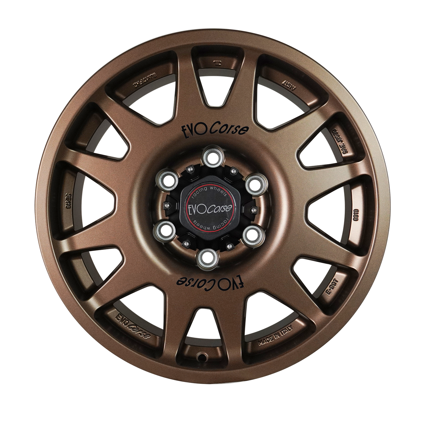 Evo Corse Dakar Zero 18 x 7 ET40 Toyota Land Cruiser 300 LC300 and LC250 250 Prado rally-raid alloy wheel, evo corse australia made in italy, better than method race wheels, for sand touring towing gvm upgrades . the strong light rally raid wheel with 40 perfect offset for clearing control arms and bigger tyres, Matt bronze front view  