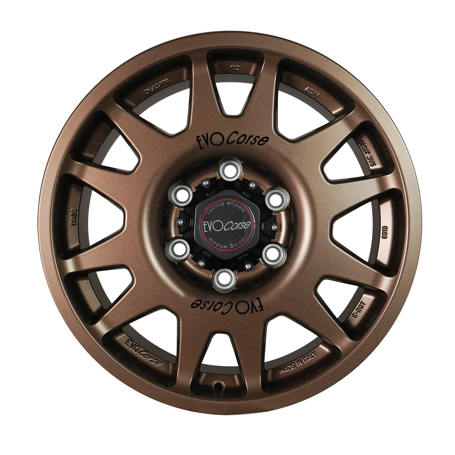 Evo Corse Dakar Zero 18 x 7 ET40 Toyota Land Cruiser 300 LC300 and LC250 250 Prado rally-raid alloy wheel, evo corse australia made in italy, better than method race wheels, for sand touring towing gvm upgrades . the strong light rally raid wheel with 40 perfect offset for clearing control arms and bigger tyres, Matt bronze front view  