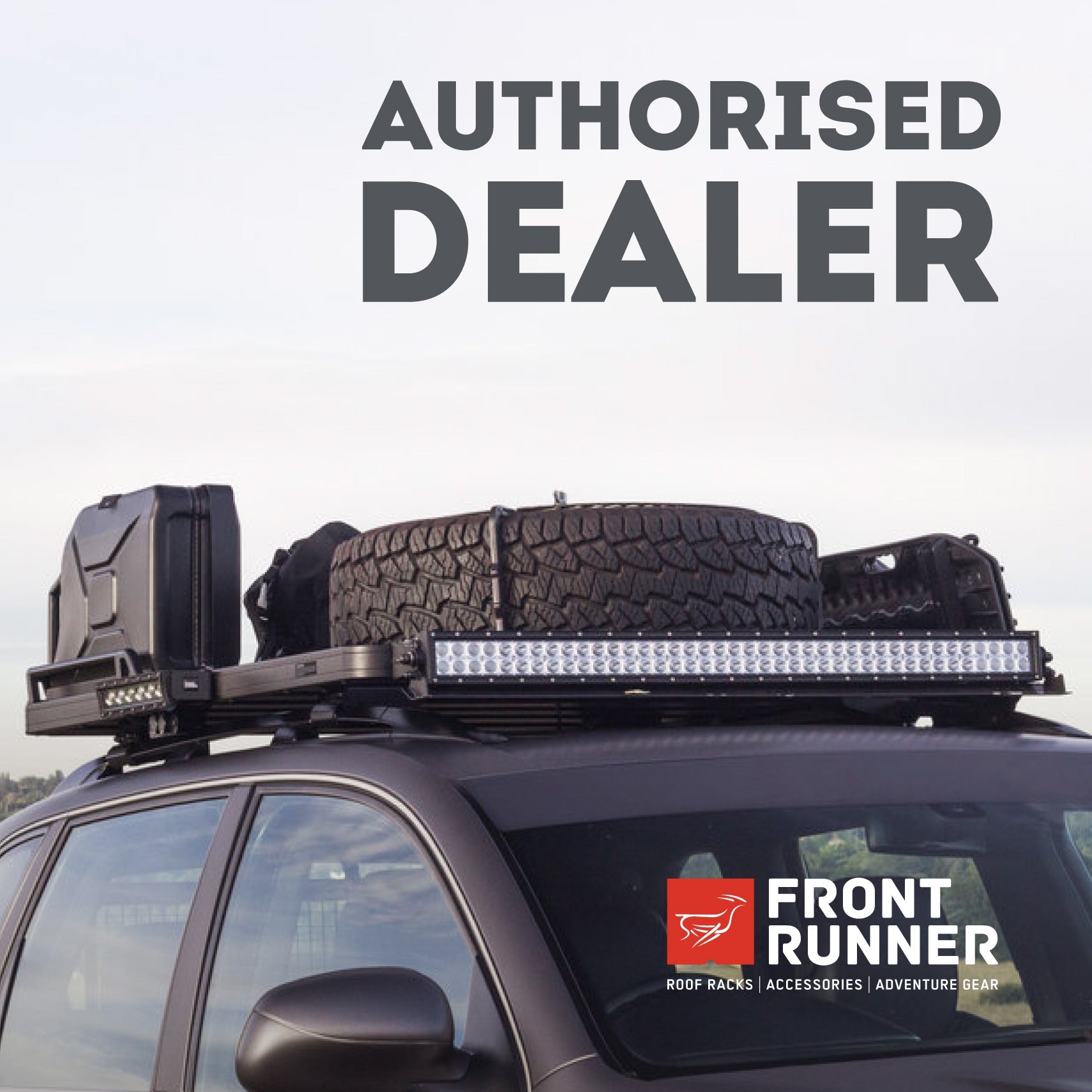 front runner platform roof rack with jerry holder, light bar and tyre and maxtrax, dealer in melbourne, and serving brisbane, sydney perth adelaide