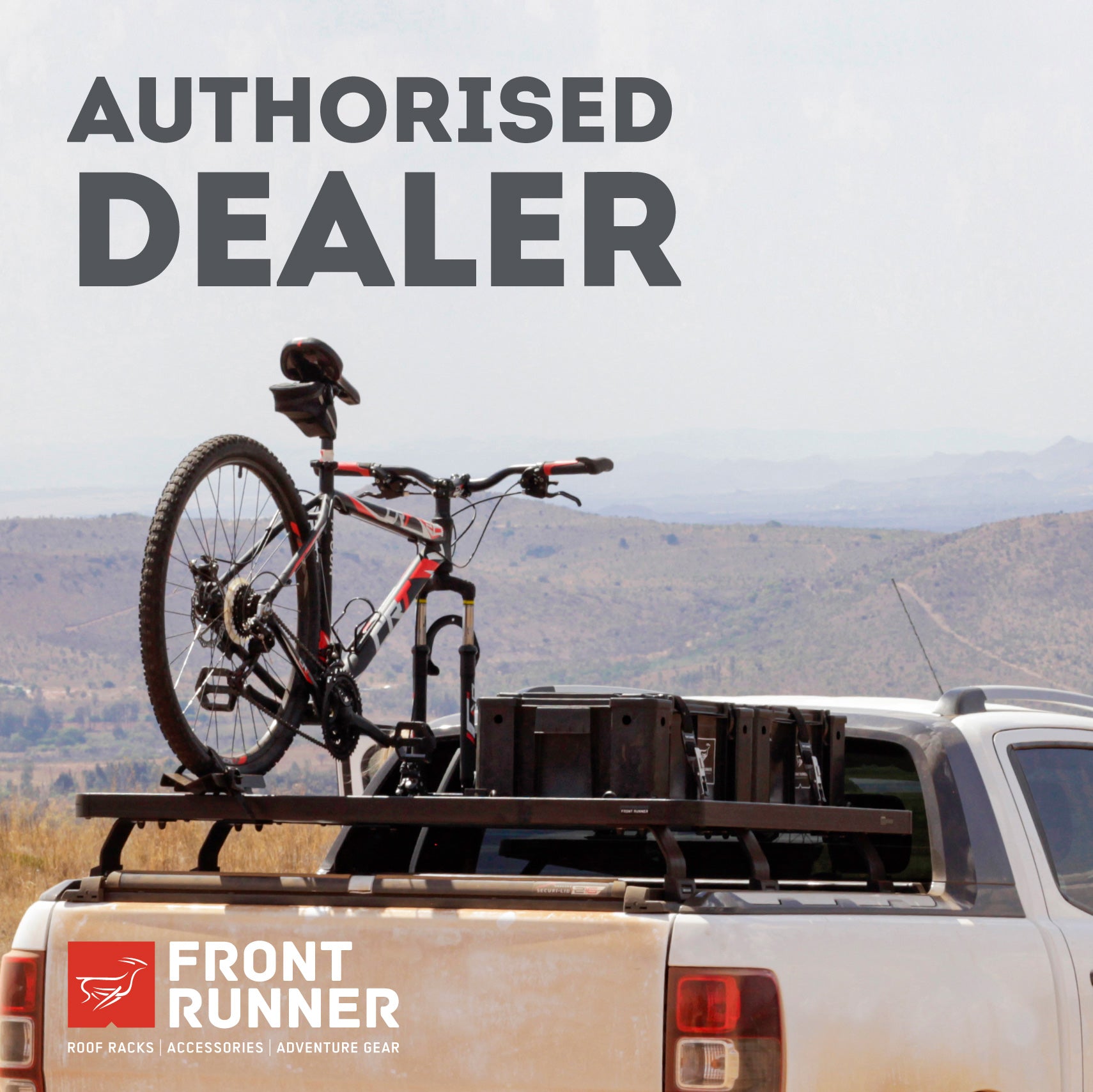 front runner platform roof rack on ute tub with bicycle or mountain bike, overlanders expedition roof rack, off-road rated 