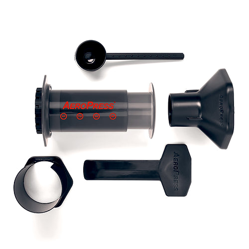 Aeropress coffee maker, set of parts. A camp coffee equipment main stay, for coffee on the go. Use fresh ground coffee for best results. Enjoy coffee at camp, next to the fire.