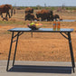 safari zoom shot of front runner pro camp and prep table kit australia melbourne stainless camp table, the best and sturdiest and strongest, store under a roof rack slide it out the way